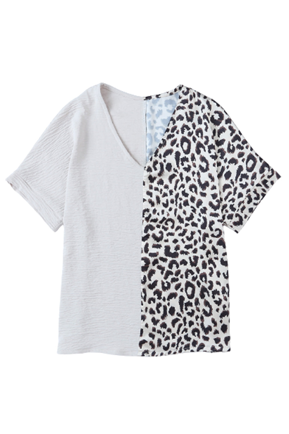 Rose Leopard Color Block Roll Tab Sleeve V Neck Top