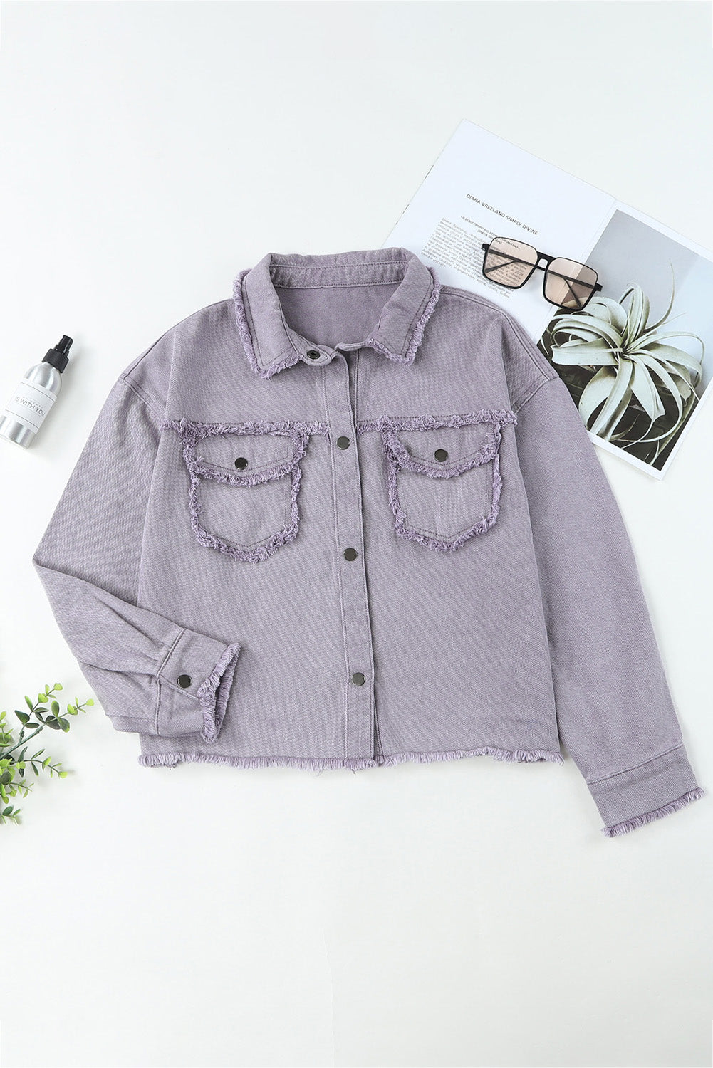 Distressed Flap Pockets Frayed Hemline Denim Jacket