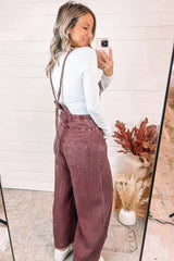 Red Textured Shoulder Straps Pocketed Overalls
