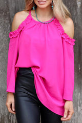 Rose Ruffled Cold Shoulder Long Sleeve Top