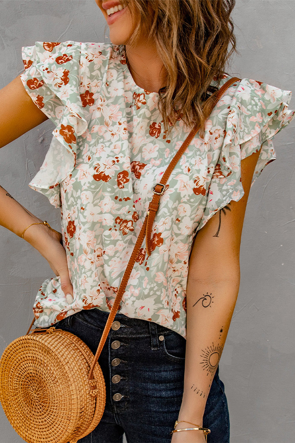 Green Floral Ruffle Short Sleeve Tee