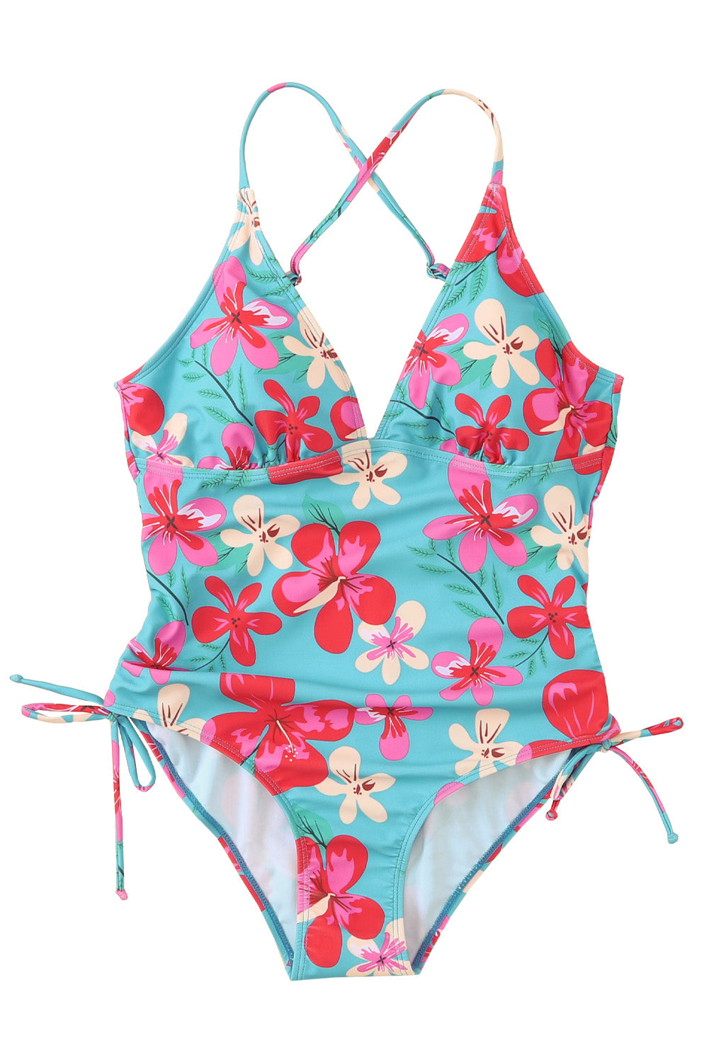 Sky Blue Flower Print Open Back One-piece Swimwear