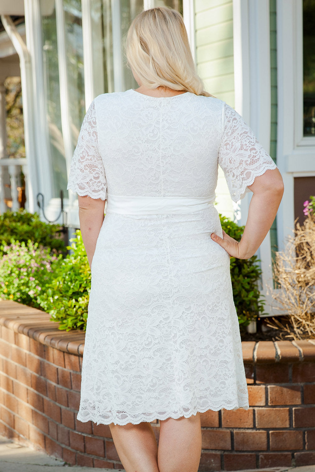 White Scalloped Lace Wrap V Neck Plus Size Dress