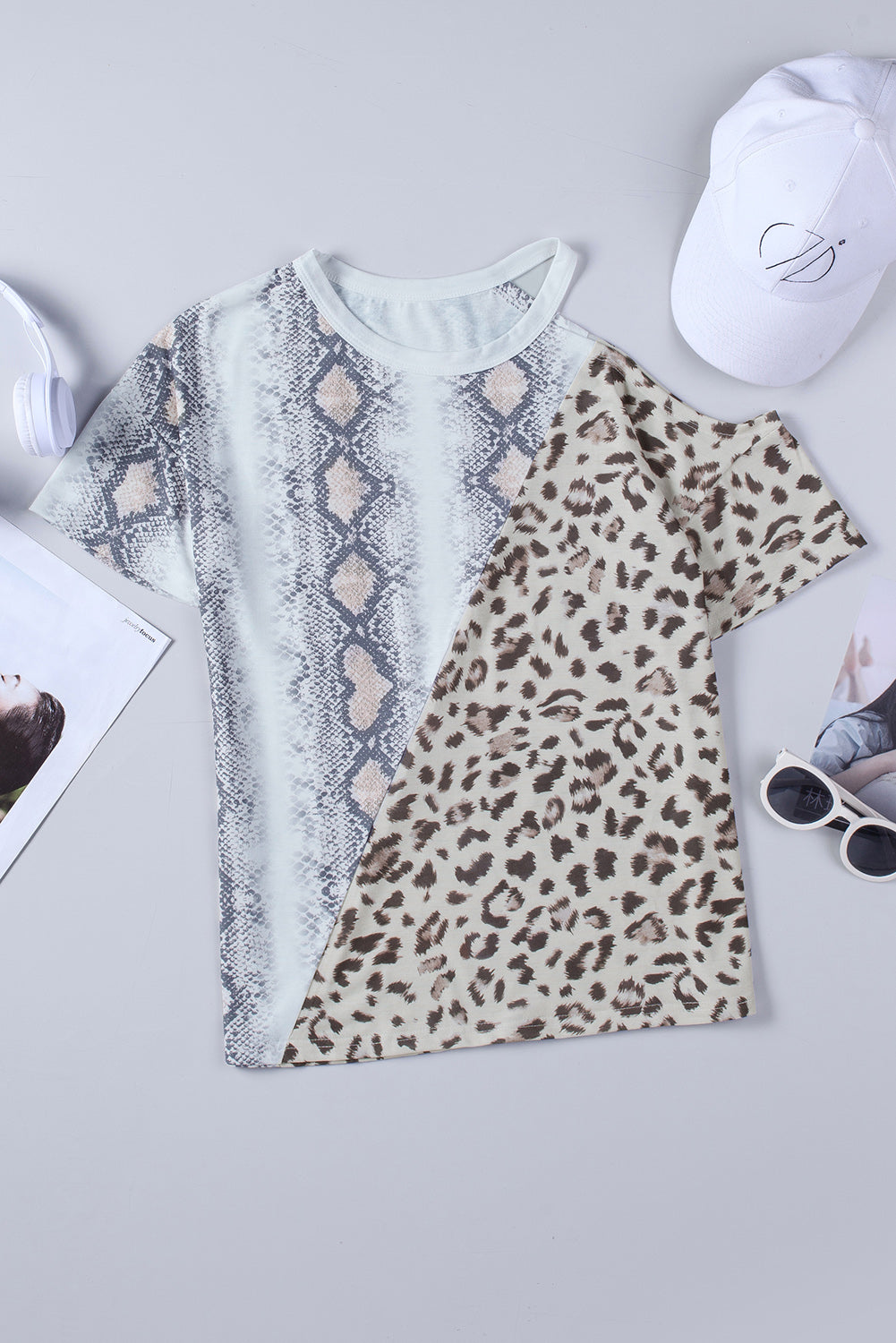 Snakeskin Leopard Color Block Cold Shoulder Short Sleeve T-shirt