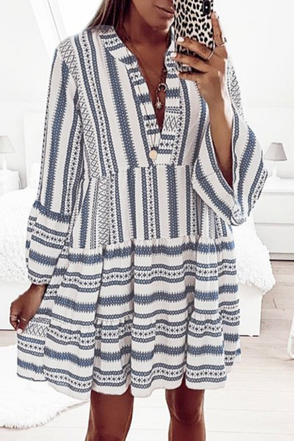 Blue Geometric Print V neck Flare Half Sleeve Ruffle Swing Mini Dress