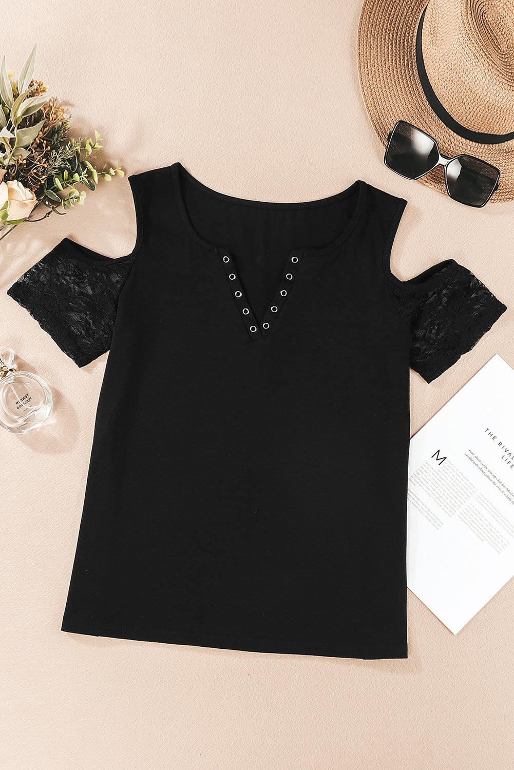 Black Lace Splicing Cold Shoulder T Shirt