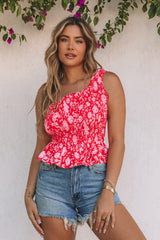 Red Smocked One-shoulder Floral Tank