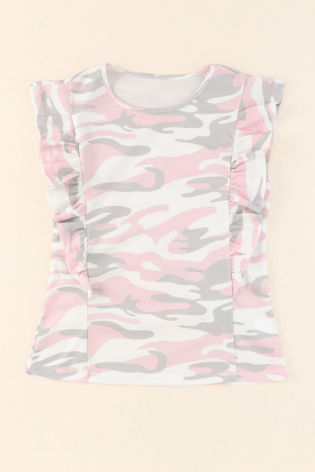 White Camo Print Ruffle Trim Tank Top