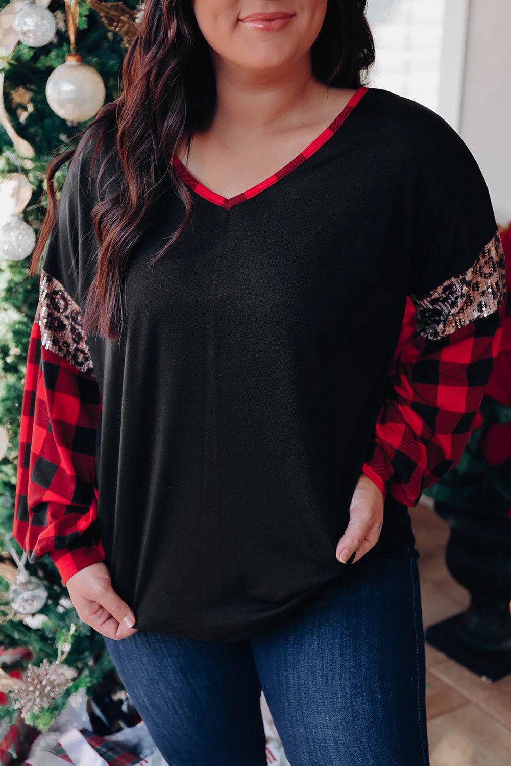 Black Sequined Leopard Insert Plaid Sleeve Plus Size Top