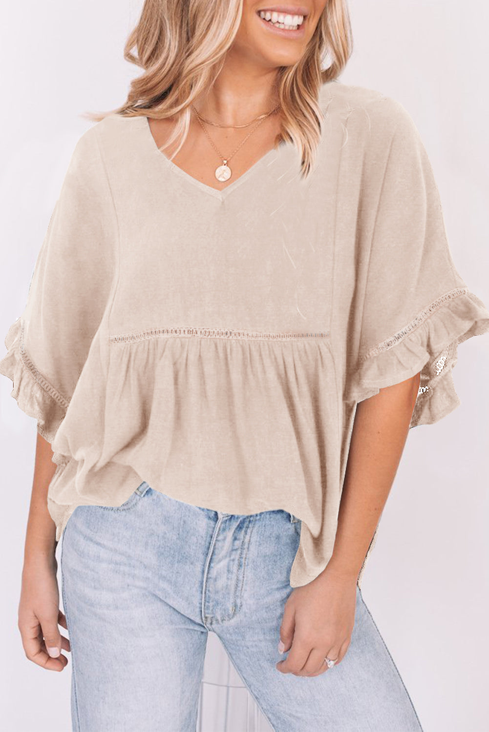 Apricot Ruffled Lace Detail Loose V Neck Top