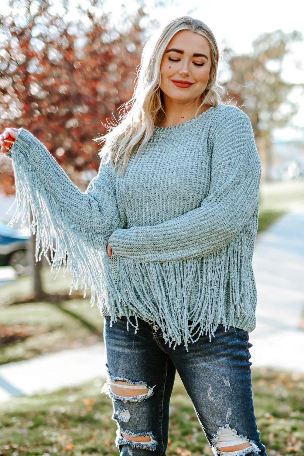 Gray Plus Size Fringed Long Sleeve Knit Sweater