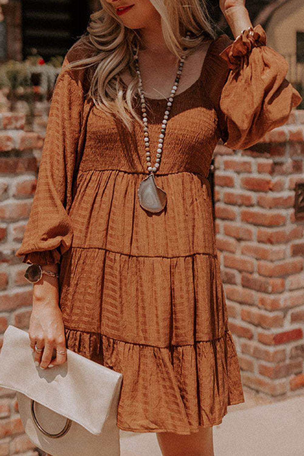 Brown Bishop Sleeve Smocked Tiered Mini Dress