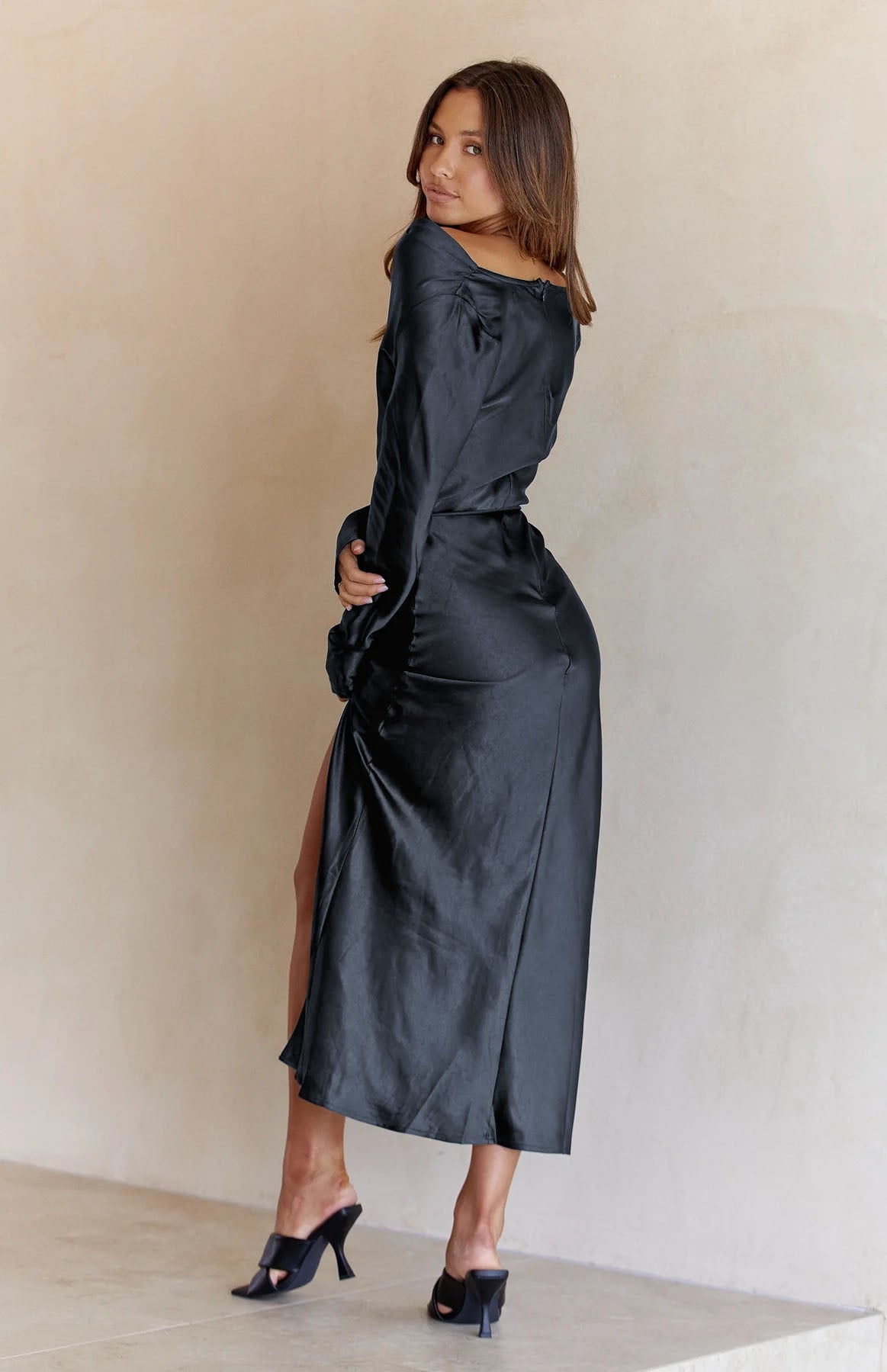 Black Drape Neck Tie Waist Long Sleeve Slit Dress