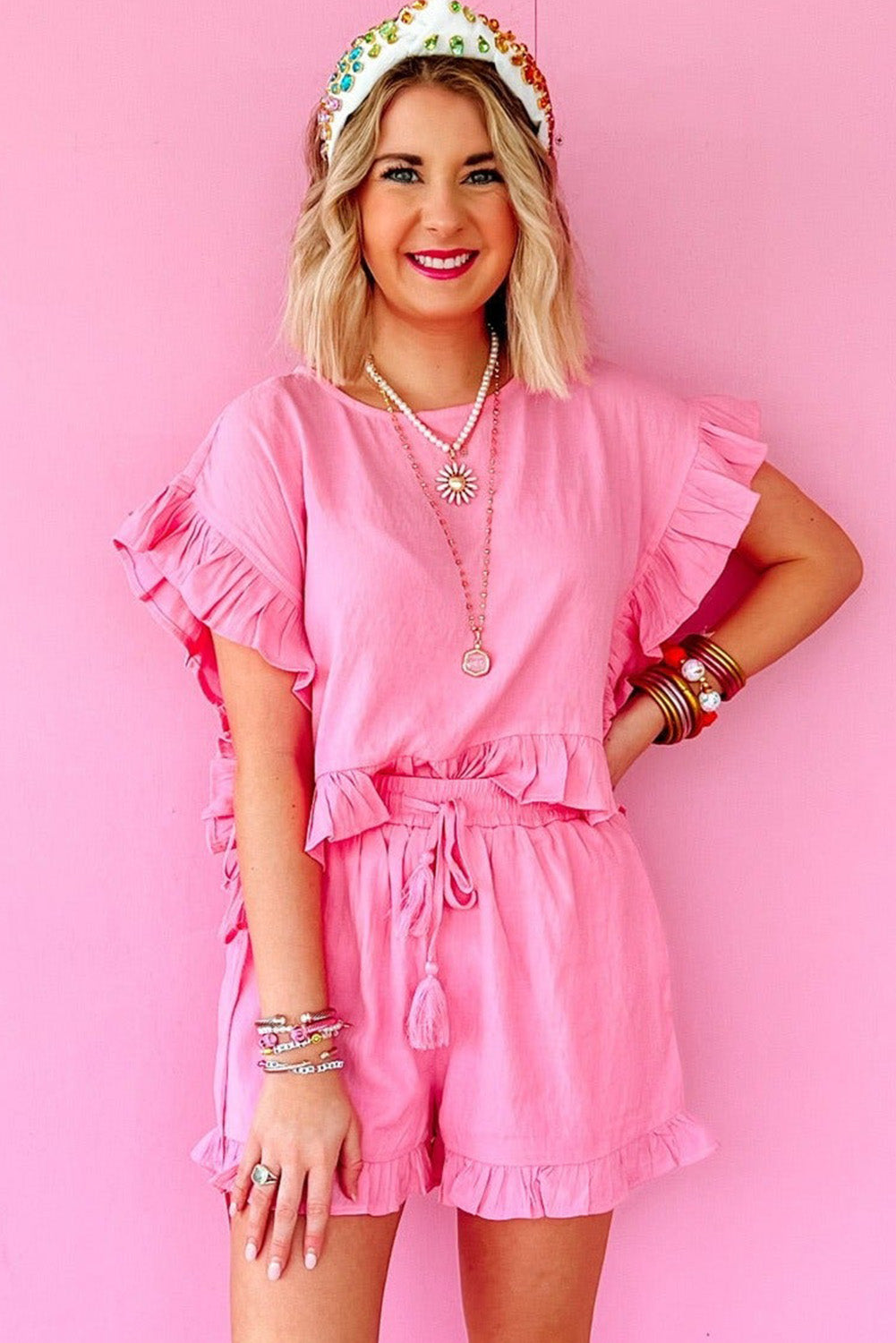 Pink Ruffled Hem Short Sleeve Elastic Drawstring Waist Pocketed Shorts Set