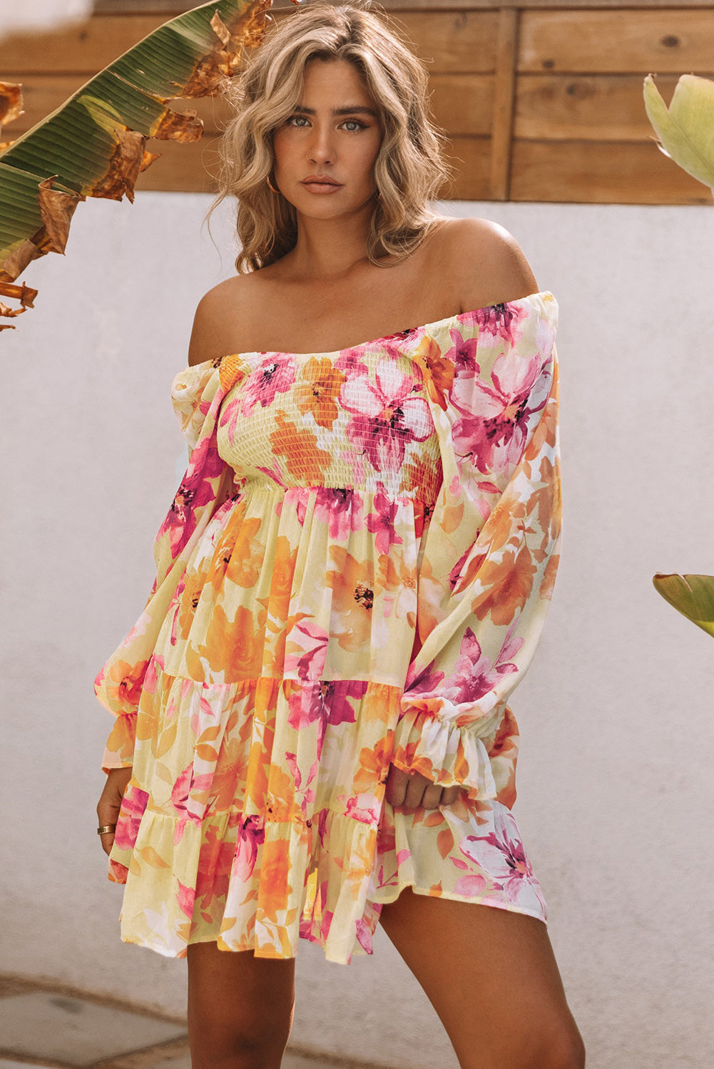 Yellow Square Neck Puffy Sleeve Tiered Floral Dress