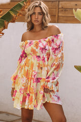 Yellow Square Neck Puffy Sleeve Tiered Floral Dress