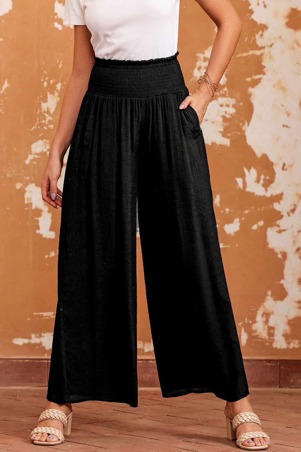 Black Frill Smocked High Waist Flowy Wide Leg Pants