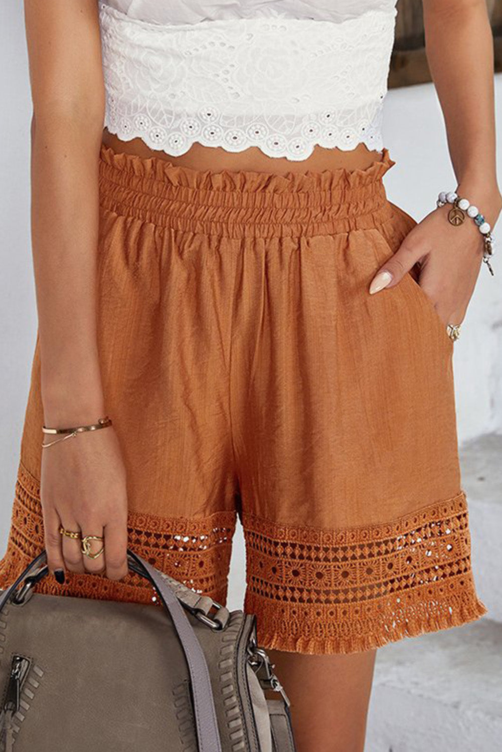 Brown Smocked Waist Crochet Hem Casual Loose Shorts