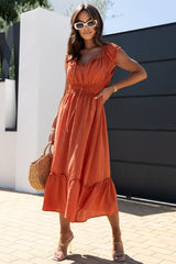 Puff Sleeve Tied V-Neck Smock Waist Frill Midi Dress