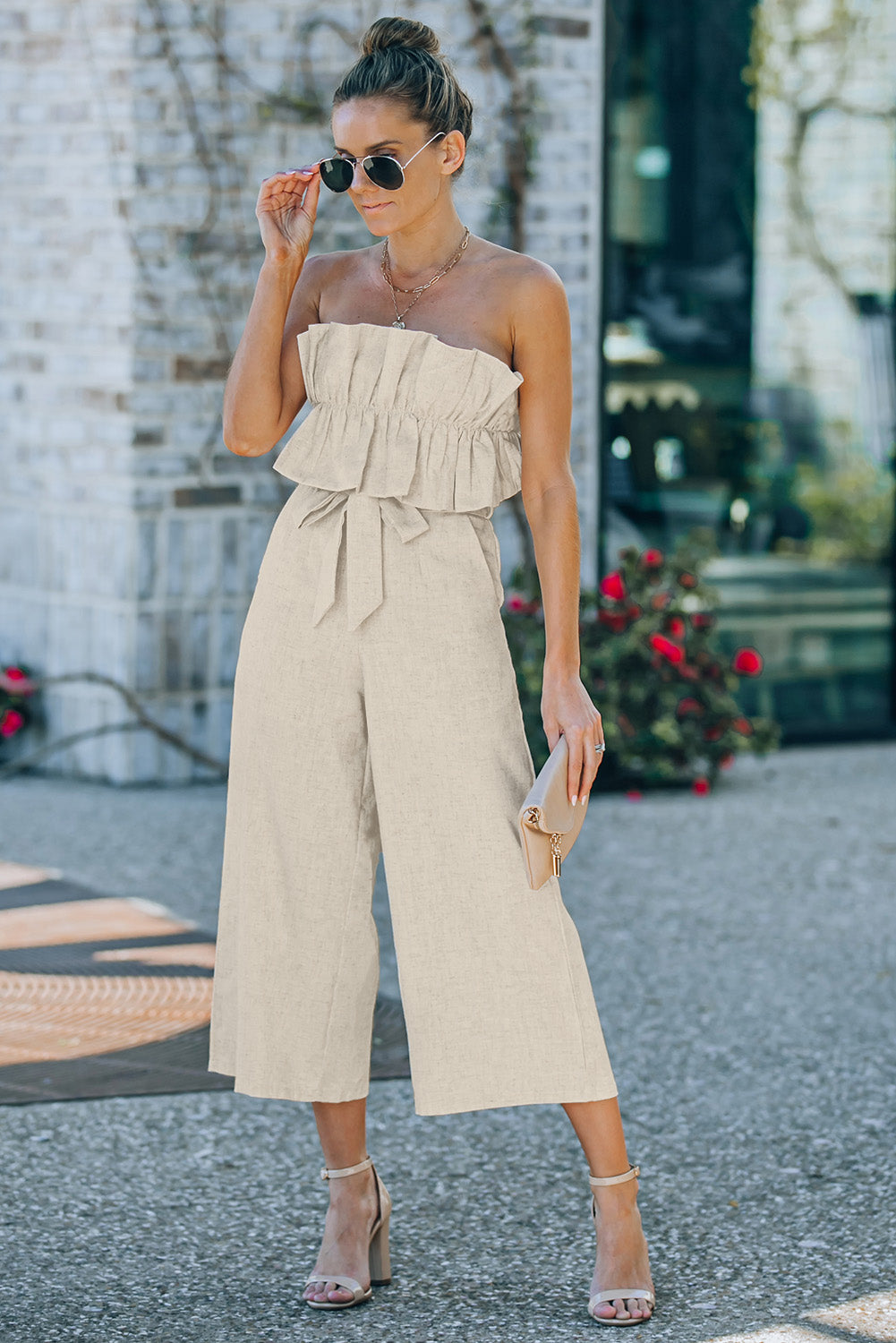 Black Ruffled Strapless Wide Leg Jumpsuit