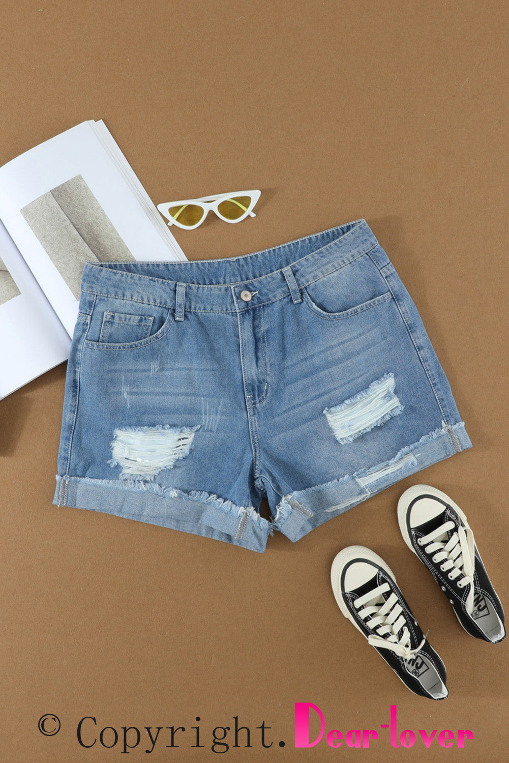 Distressed Ripped Rolled Hem Blue Denim Shorts