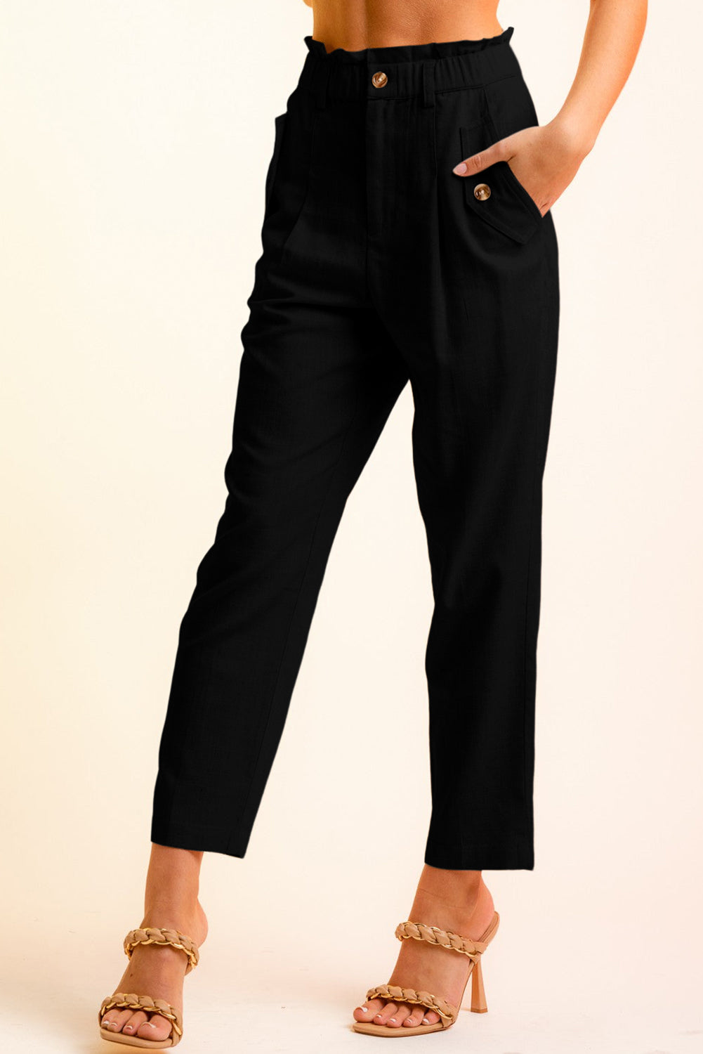 Brown Button Flap Pocket High Waisted Linen Pants