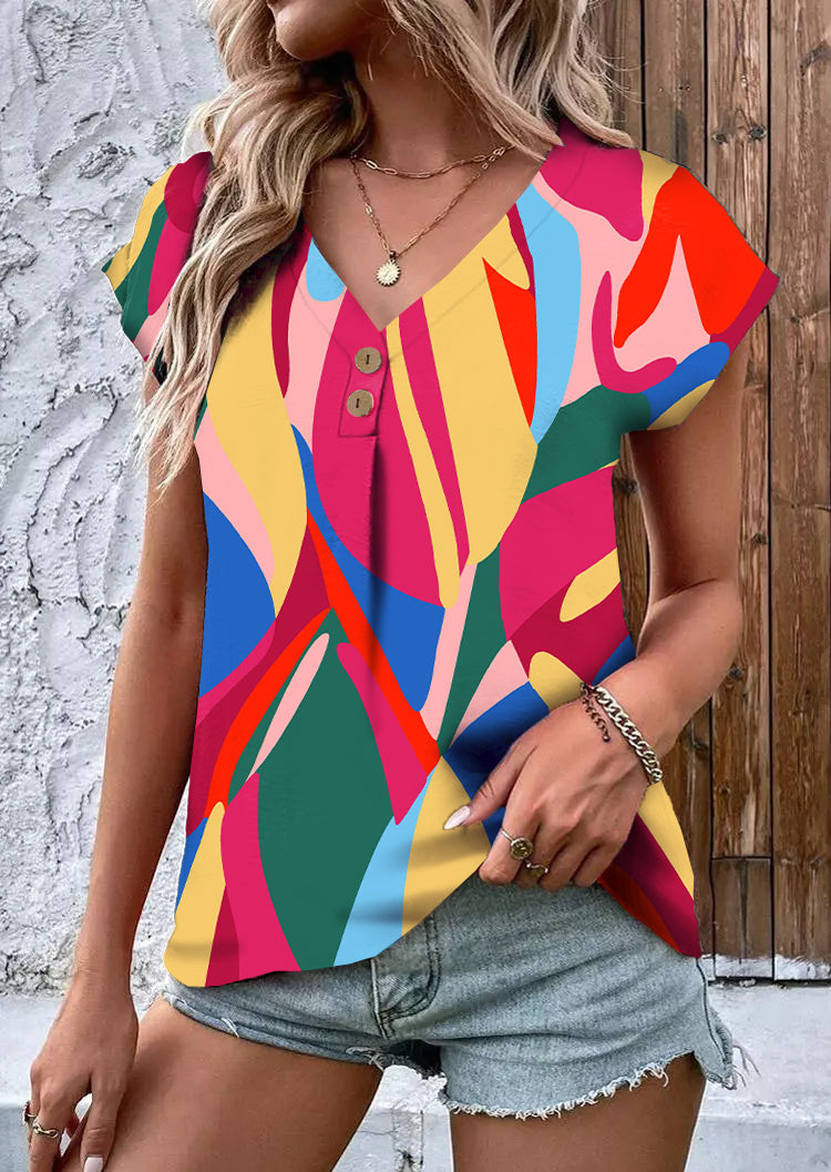 Multicolor Abstract Print Button V Neck Blouse