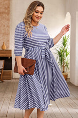 Gray Striped Tie Waist 3/4 Sleeve Plus Size Dress