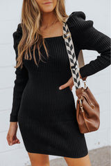 Black Square Neck Puffy Sleeve Sweater Dress