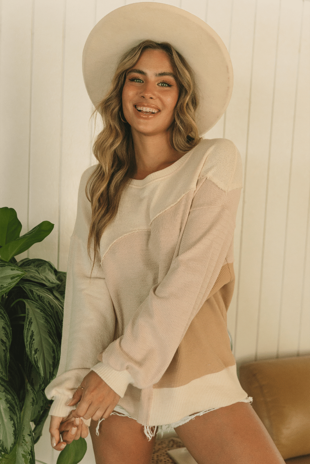 Khaki Irregular Colorblock Patchwork Pullover Sweatshirt