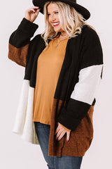 Brown Plus Size Open Front Color Block Cardigan