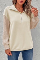 Beige Half Zip Textured Patchwork Sleeve Drop Shoulder Sweatshirt