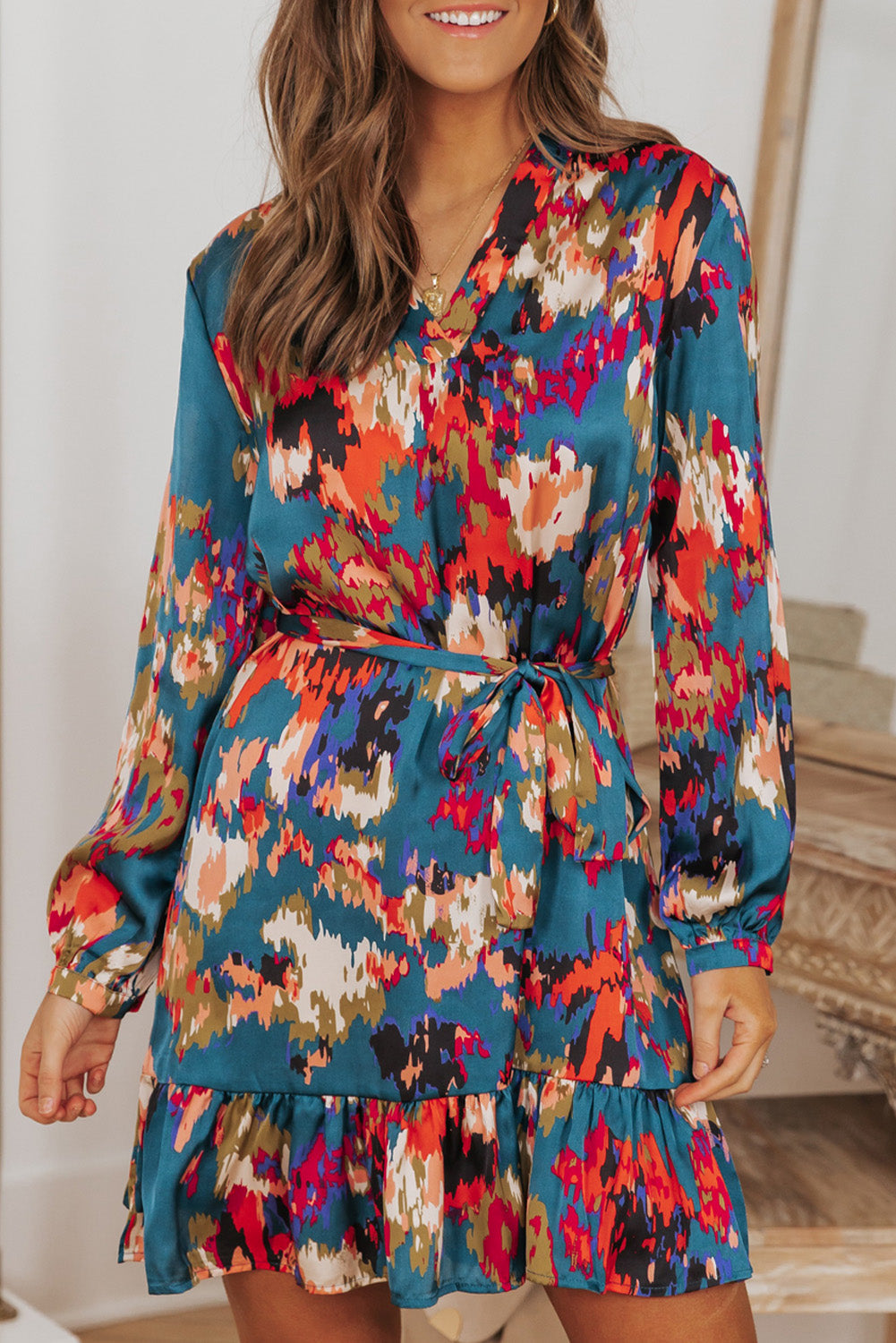 Green Abstract Print Ruffled Drawstring High Waist Mini Dress