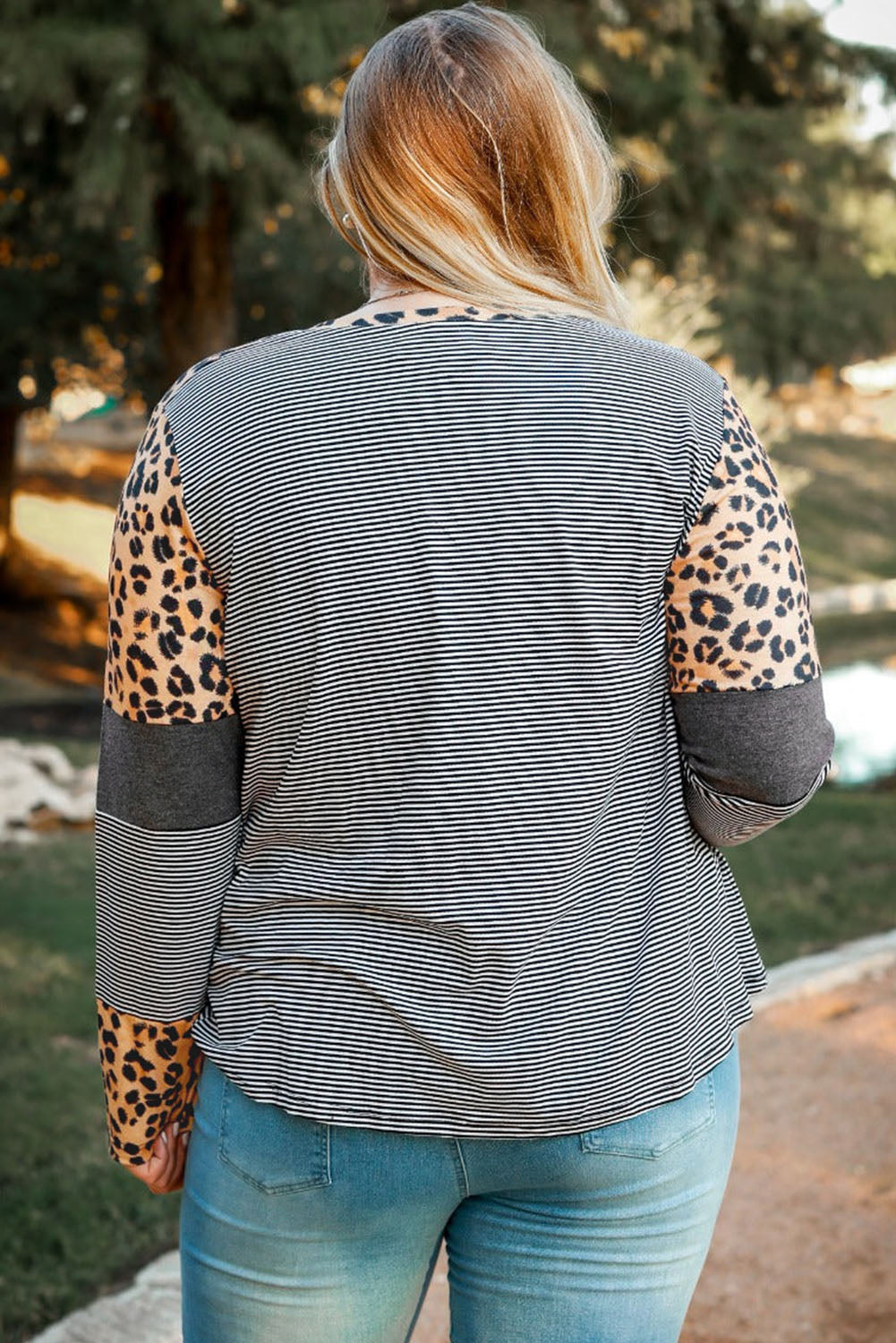 Leopard Plus Size Cow/Leopard Stripes Patchwork Long Sleeve Tee