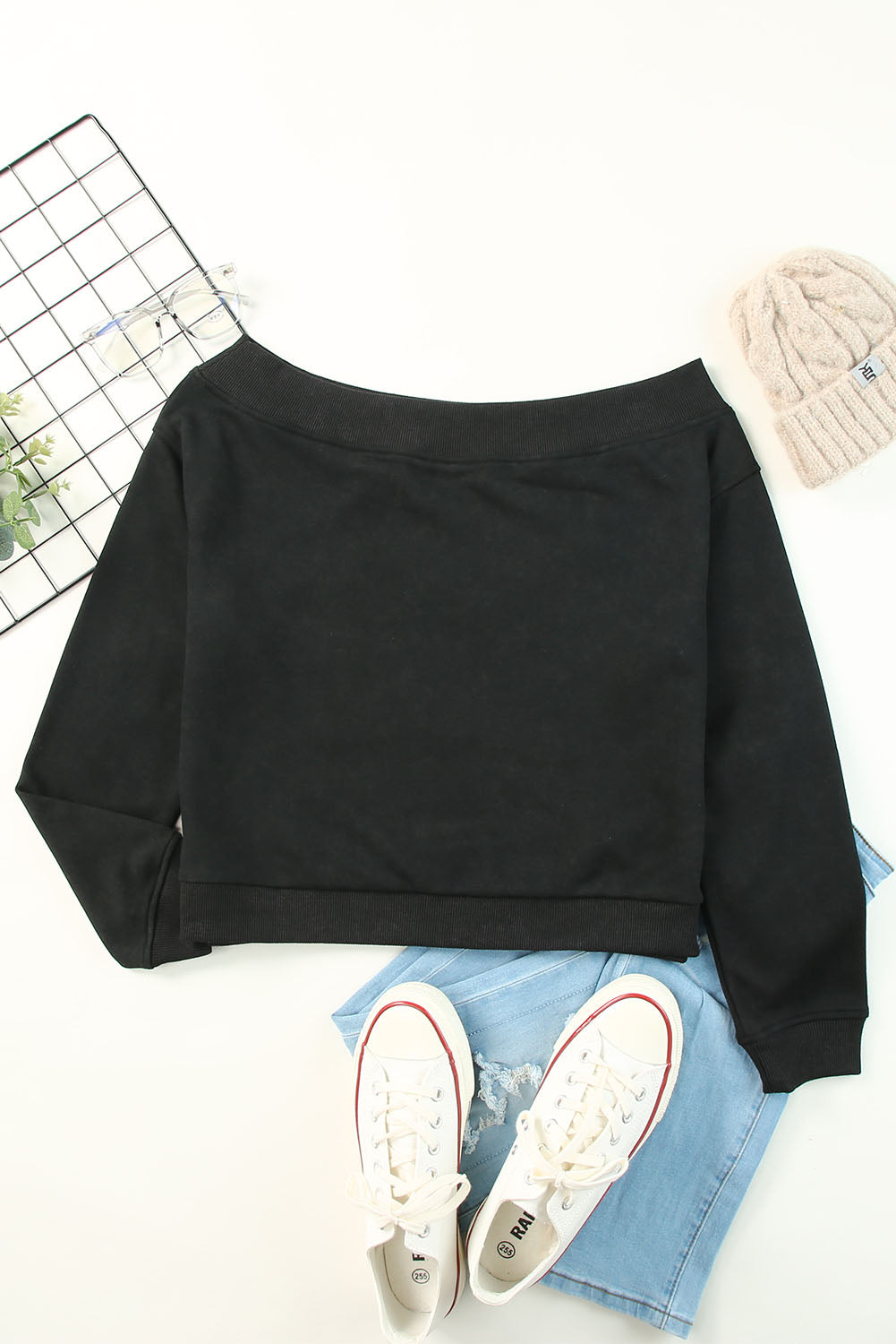 Black Off The Shoulder Mineral Wash Pullover