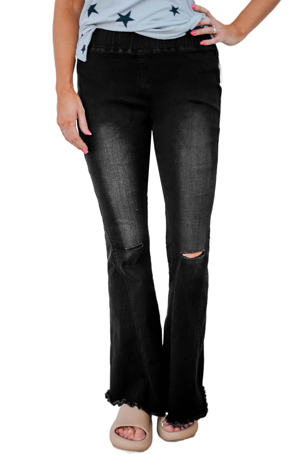 Black Distressed Bell Bottom Denim Pants