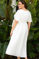 White Wrap V Neck Belted Plus Size Flowy Maxi Dress