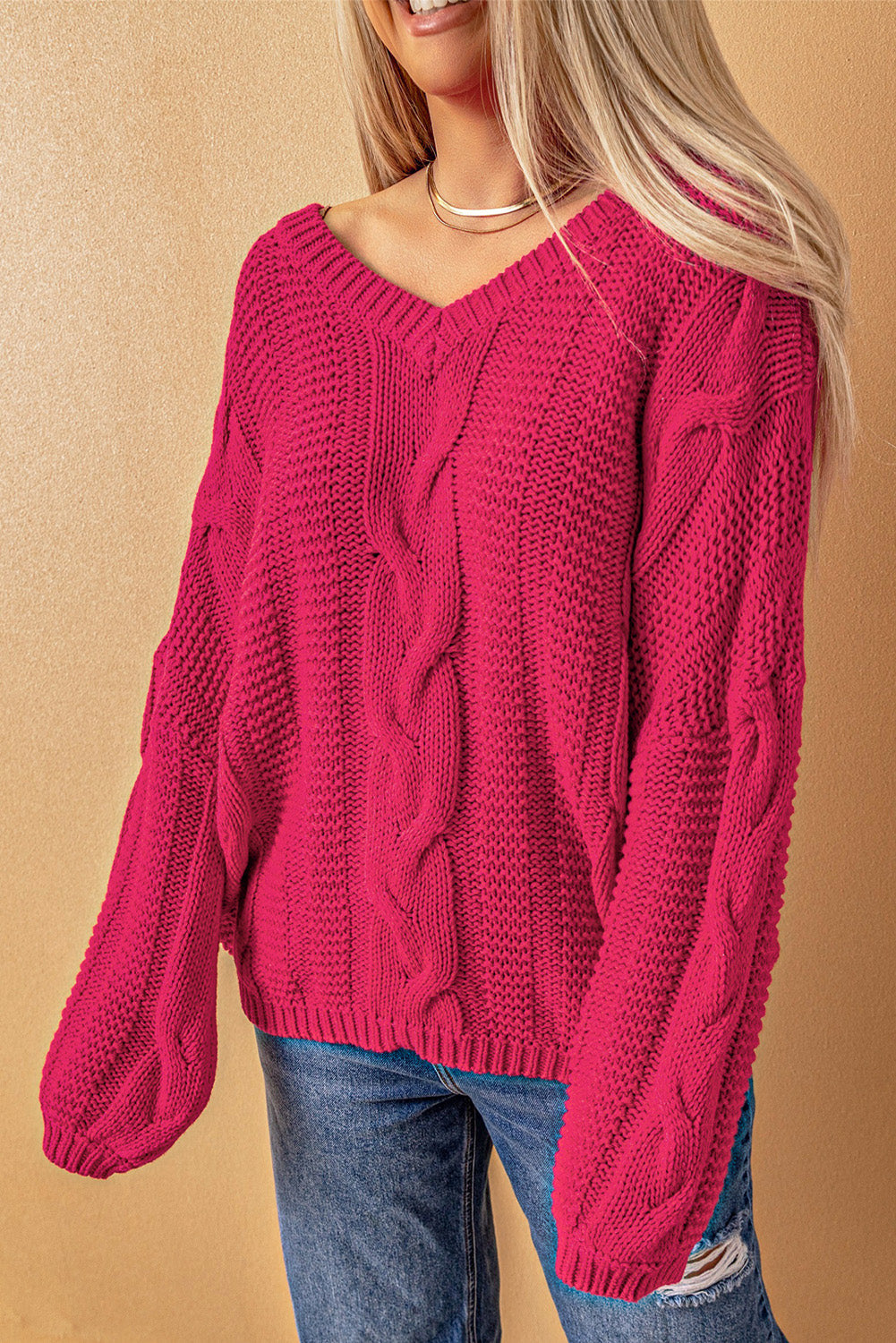 Green Bubblegum V-Neck Braided Knit Sweater