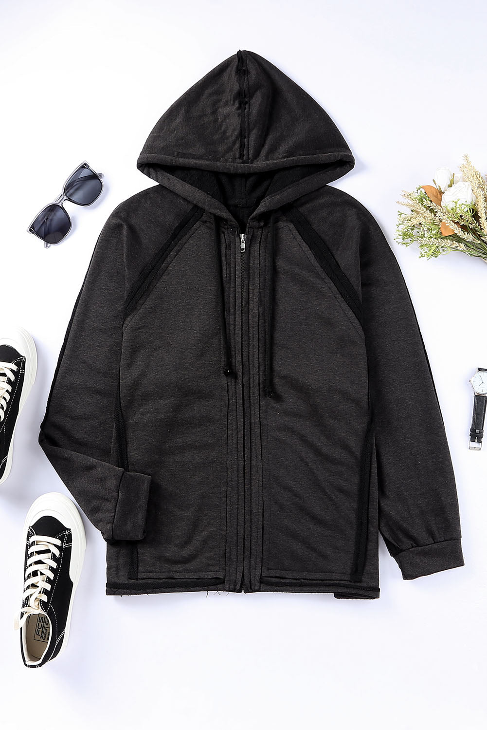 Sky Blue Solid Color Oversized Zip Up Hoodie with Pockets