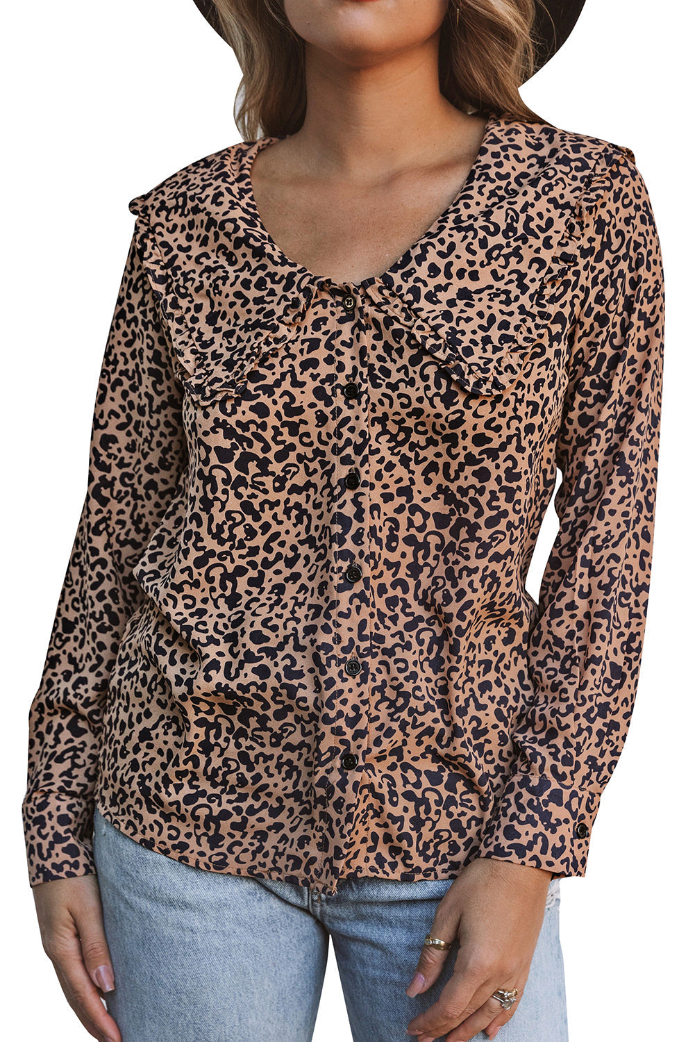 Leopard Print Buttoned Frilled V Neck Top