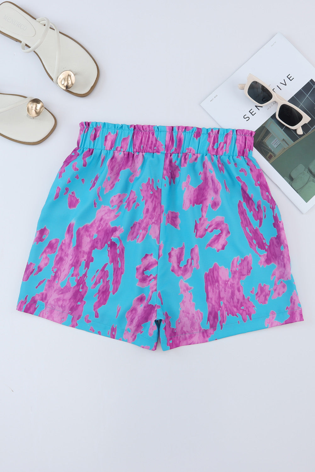 Sky Blue Abstract Print Elastic Waist Pocket Wide-Leg Shorts