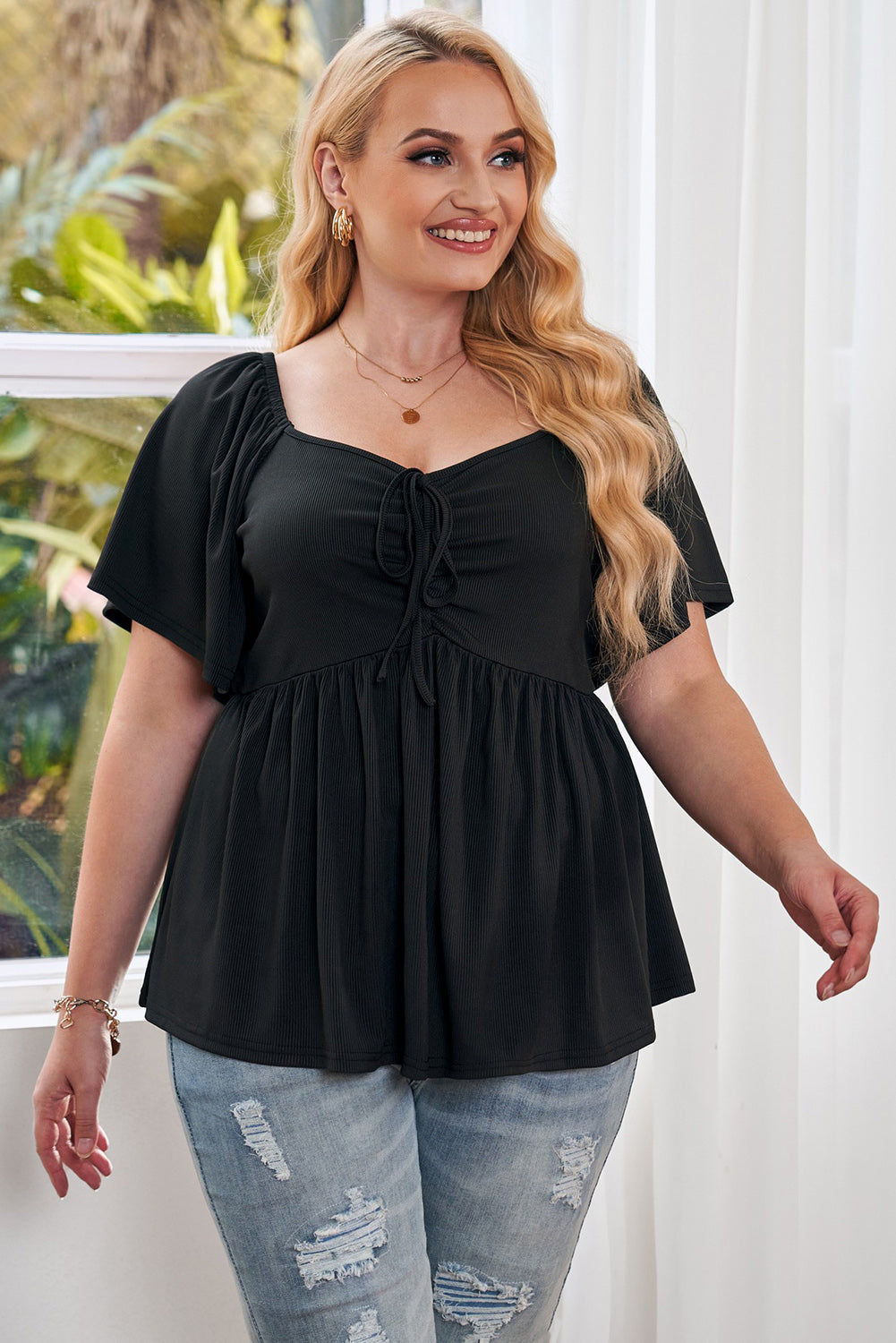 Black Plus Size Ruched Front Babydoll Top