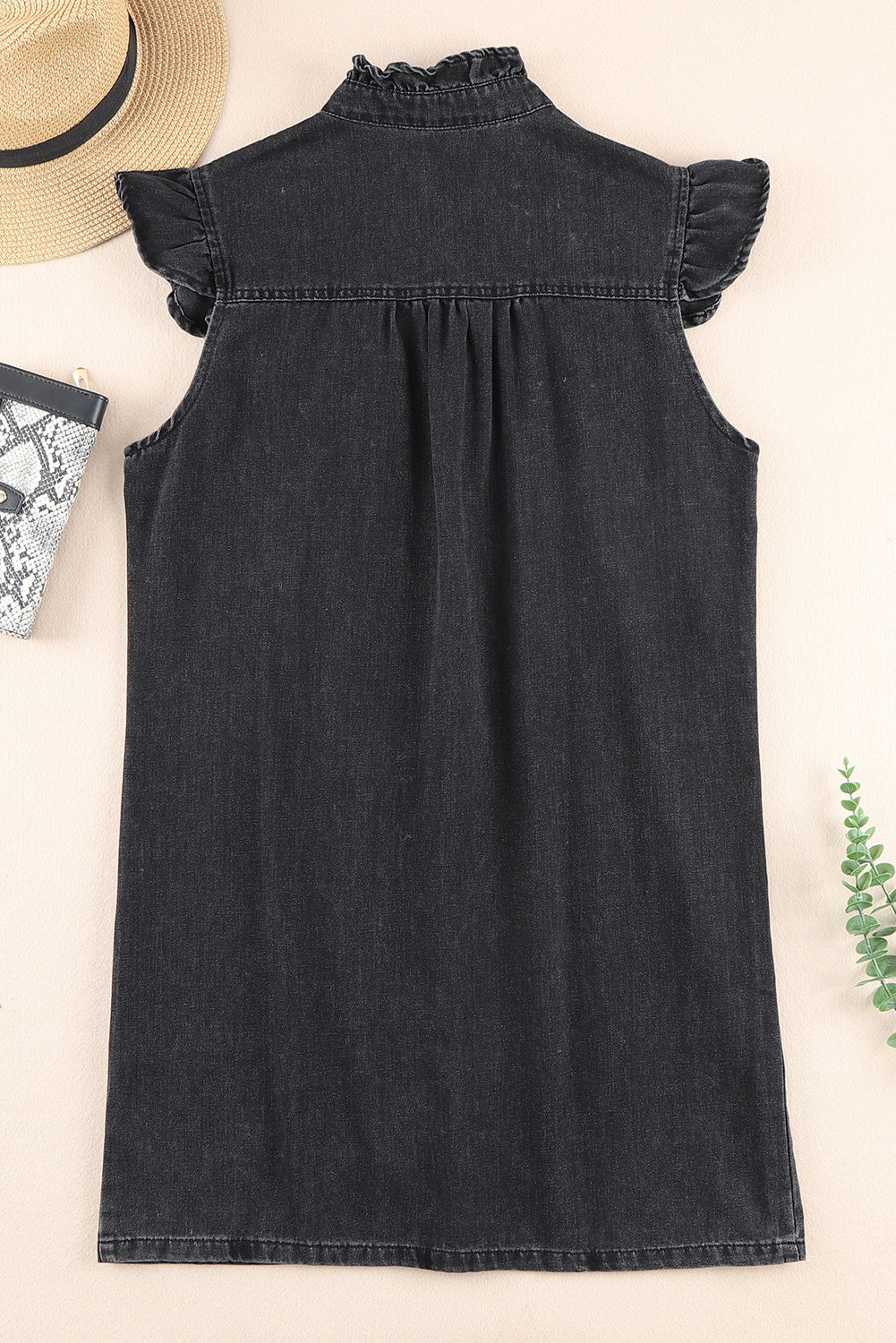Black Ruffled Cap Sleeves Button Up Denim Dress