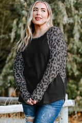 Black Leopard Raglan Sleeve Waffle Knit Plus Size Top