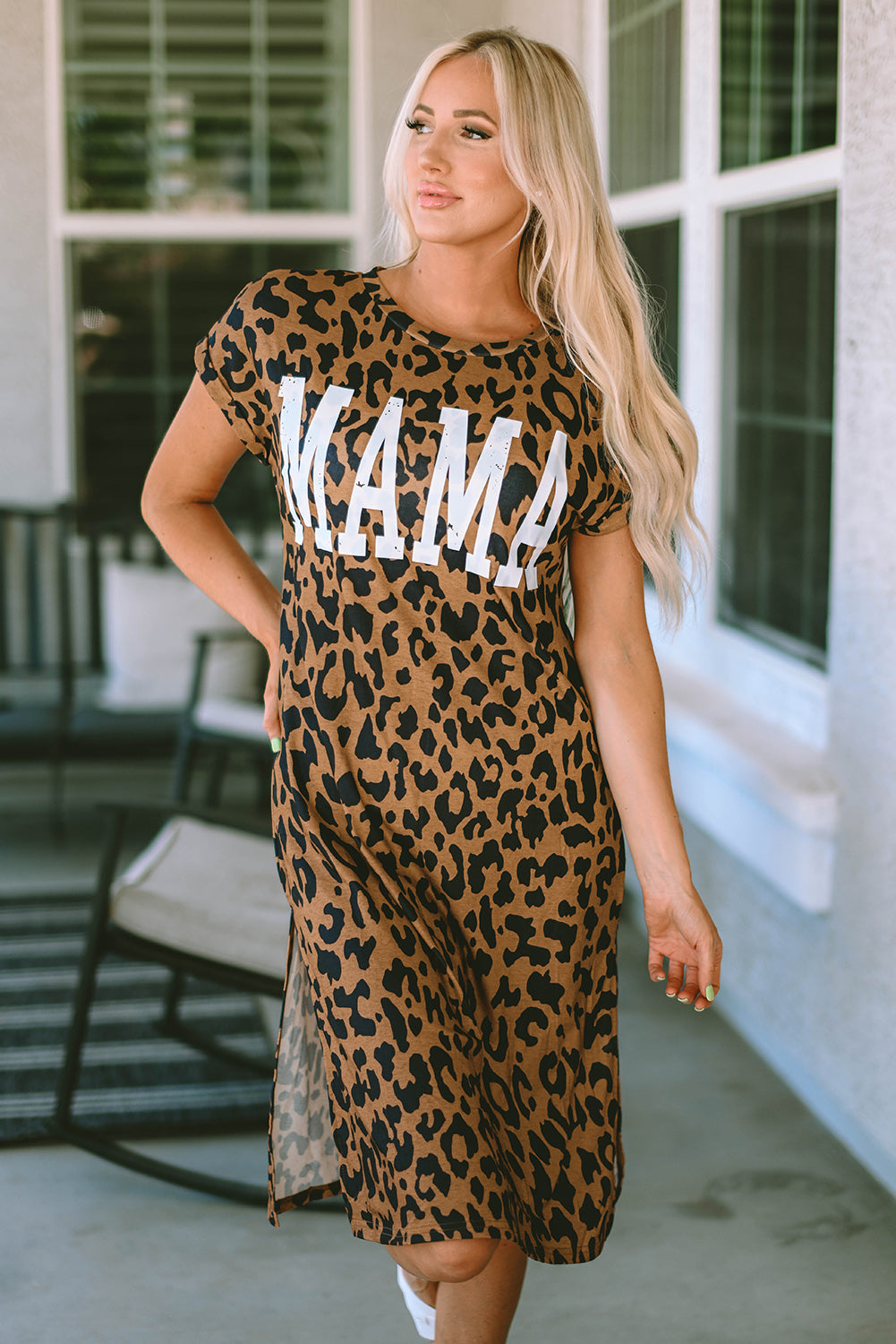 Leopard MAMA Letter Print Slit T-Shirt Dress