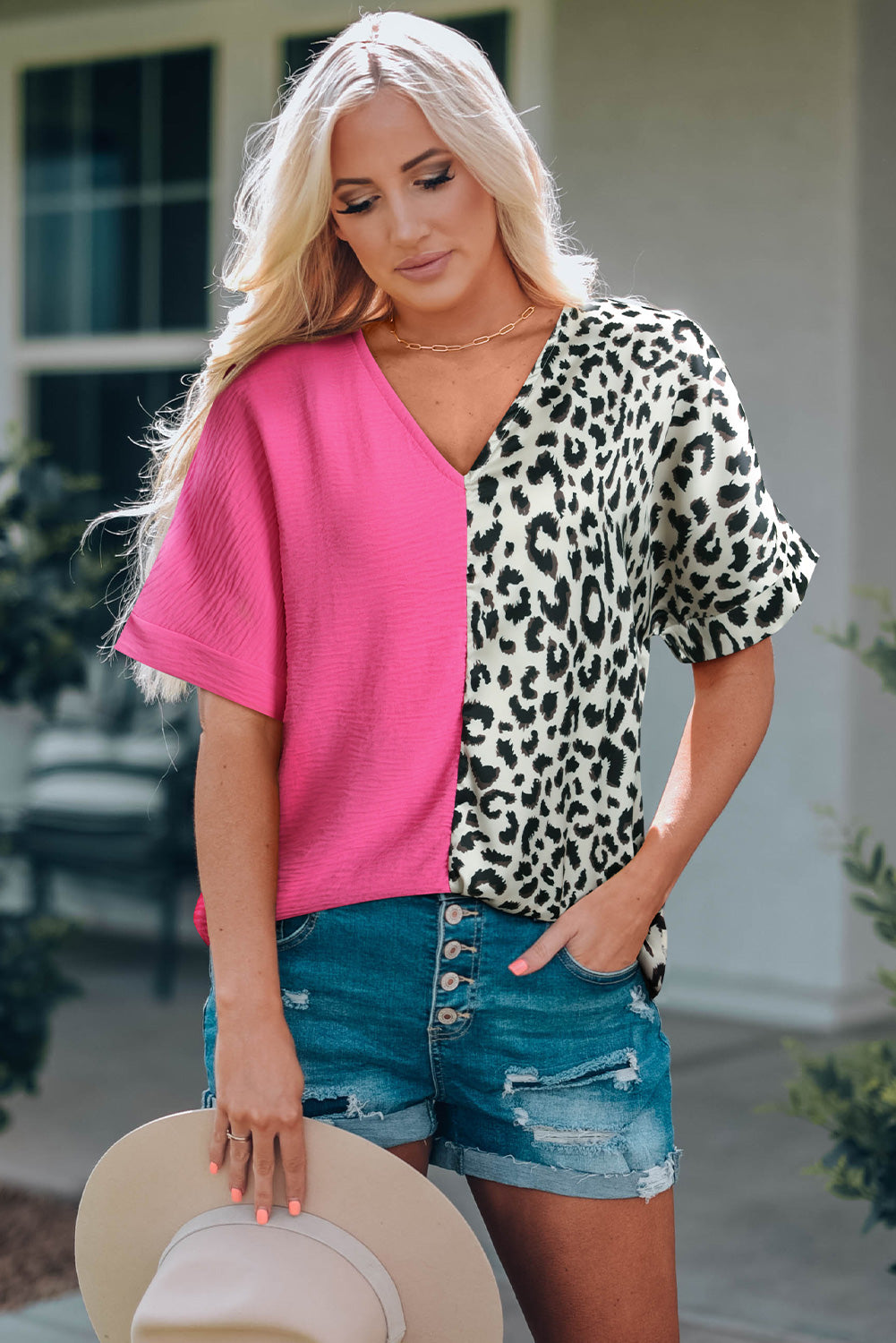 Rose Leopard Color Block Roll Tab Sleeve V Neck Top