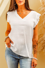 White Ruffled Sleeve V Neck Top