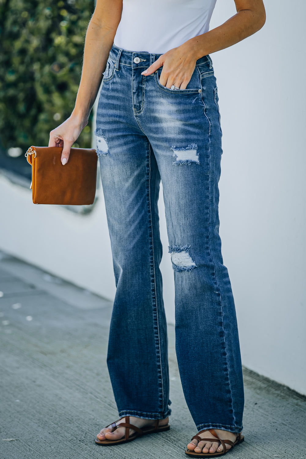 Blue High Rise Washed Distressed Flare Jeans