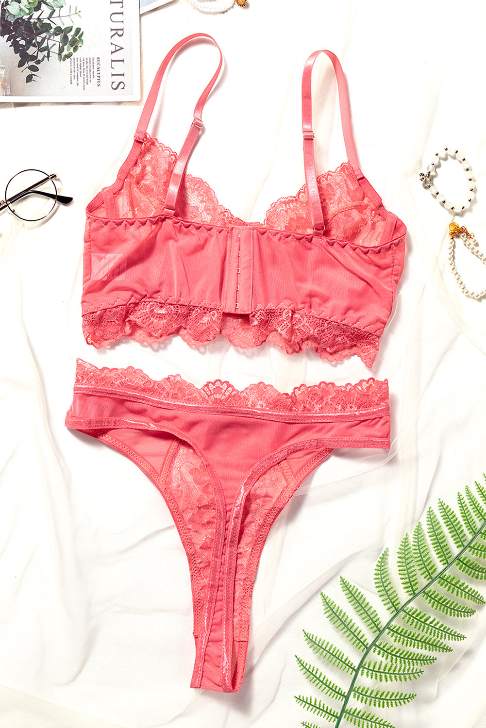 Pink Back Hook Lace Mesh Crochet Bralette Set