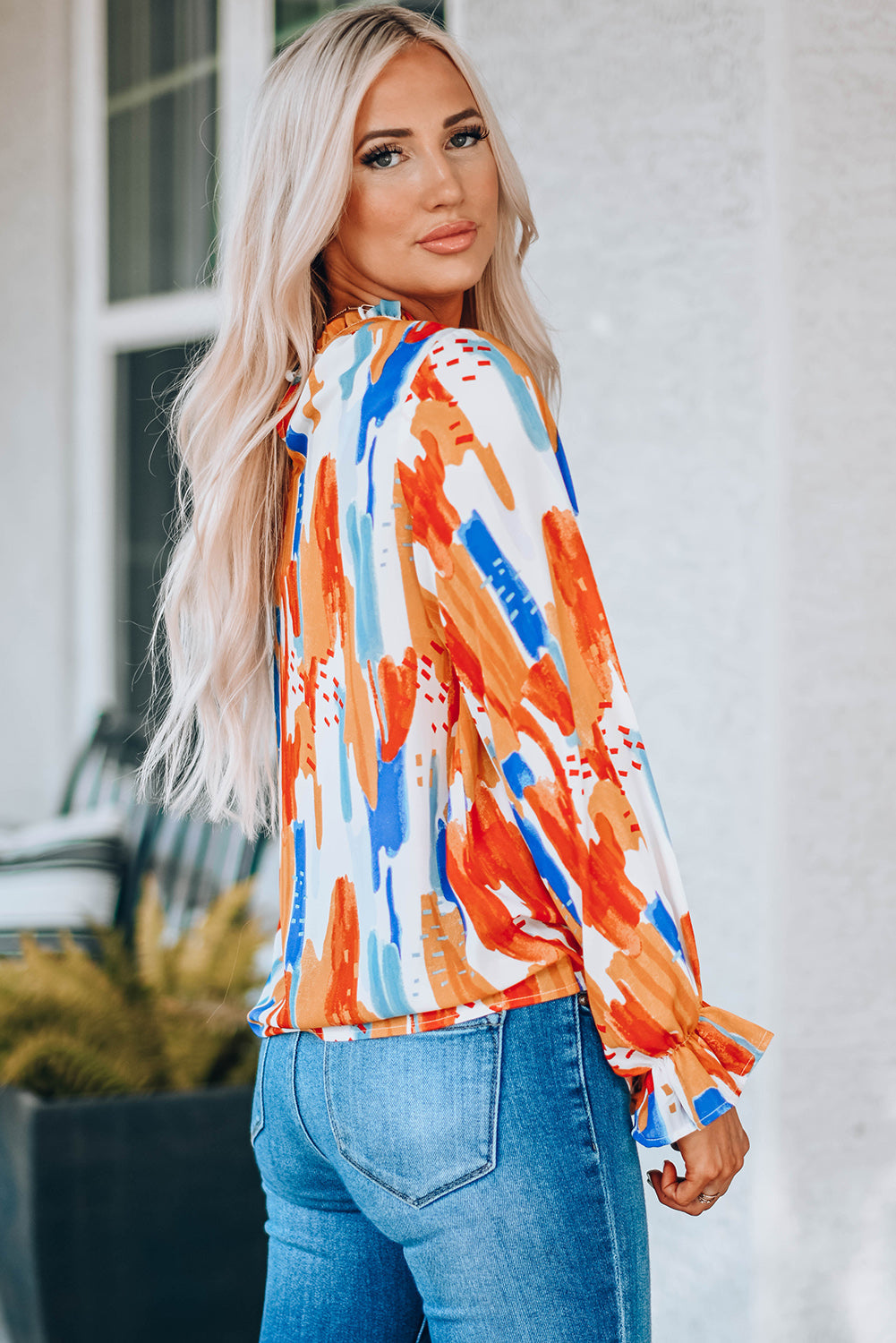 Multicolor Multicolor Printed Ruffle Trim Long Sleeve Top